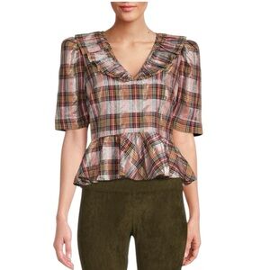 NWT SAYLOR Ilene Metallic Plaid Peplum Top Small $198